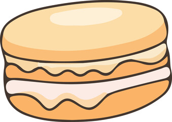 Cute yellow macaron with creamy filling in a cartoon style. Ideal for dessert illustrations, kids' party designs, bakery branding, and sweet-themed digital art.