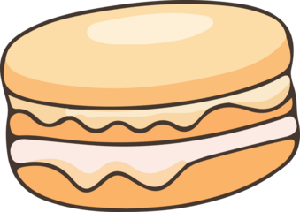 Cute yellow macaron with creamy filling in a cartoon style. Ideal for dessert illustrations, kids' party designs, bakery branding, and sweet-themed digital art.
