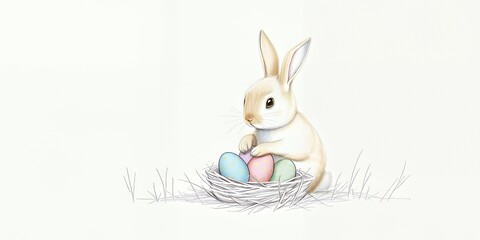 Fototapeta premium Playful Rabbit with Pastel Easter Eggs Nestled on Its Head Against a Soft Green Background
