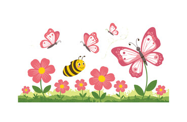 Delightful bright garden cheerful playful bees hover near fluttering butterflies flower petals in bloom