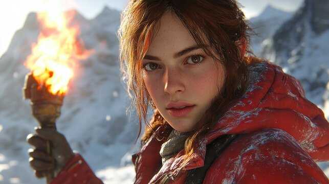 Fototapeta Adventurous female character in snowy mountains, holding torch