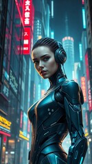 Generative AI.  High-resolution photorealistic stock image High-angle perspective of a lifelike android woman with human-like skin and robotic elements in a futuristic city. 