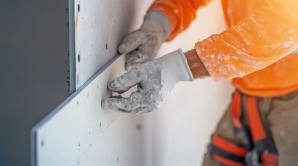Construction worker installing drywall on the interior walls of a commercial building. Featuring efficiency and detail