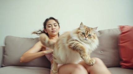Generative AI. A woman and a fluffy cat cuddle on a couch. 