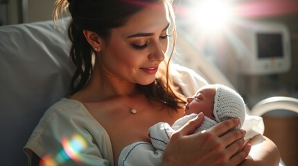 Generative AI. New mother  holding newborn in a hospital room. 