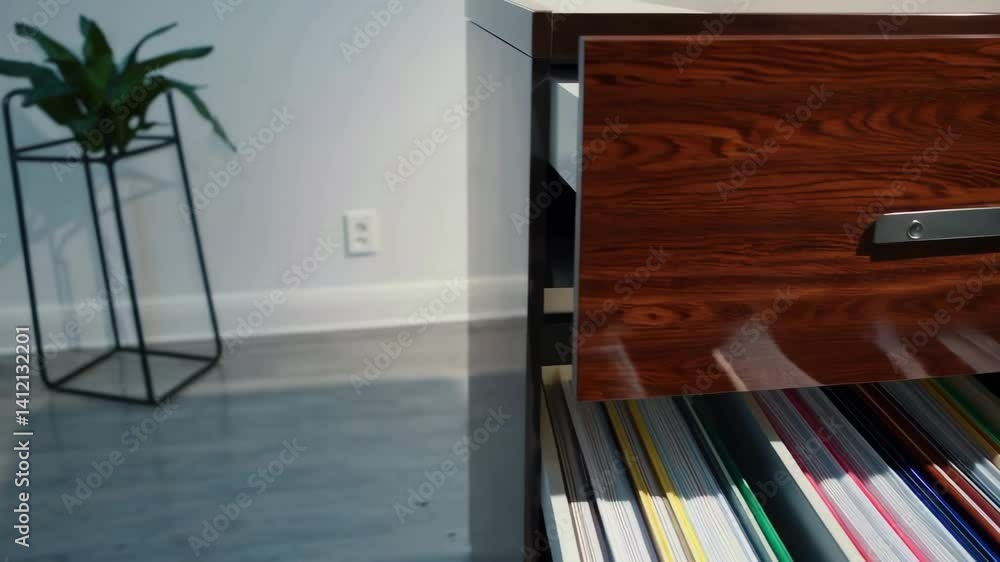 Aufkleber smooth opening and closing of office drawer with colorful files in minimalist workspace