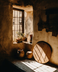 Sunlight streams through an old rustic window, illuminating potted plants and timeless kitchen decor in a cozy, warm atmosphere