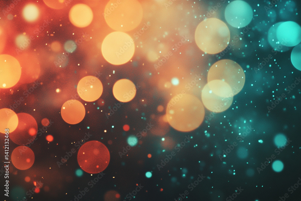 Poster abstract background with orange and teal bokeh lights and sparkles