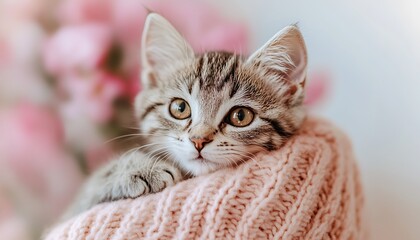 Naklejka premium Kitten in Knitted Scarf. Home Portrait