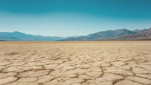 Parched, cracked earth stretching across barren desert landscape with distant mountain range under expansive blue sky in Death Valley National Park