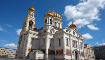 Obraz premium Golden domes catch sunlight over the stunning Orthodox Cathedral in Moscow, surrounded by vivid blue skies and fluffy white clouds