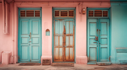 Obraz premium Weathered wooden doors reflect the charm of Indian heritage, framed by colorful walls in a historic neighborhood at sunrise