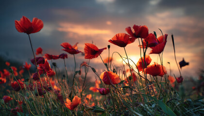 Obraz premium Fields of vibrant red poppies sway gently in the breeze as the sun sets, creating a beautiful backdrop of warm colors against the sky