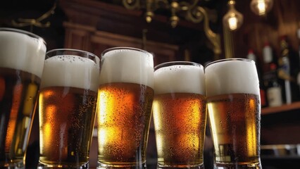A collection of glasses filled with beer. Served on a bar counter, suggesting a casual social event or a friendly gathering at the pub.