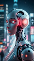 Generative AI.  High-resolution photorealistic stock image High-angle perspective of a lifelike android woman with human-like skin and robotic elements in a futuristic city. 
