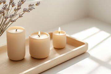 Hand-poured candles on simple wooden tray with sunlight and lavender
