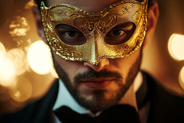 A man in a gold mask at a fancy event mysterious and elegant