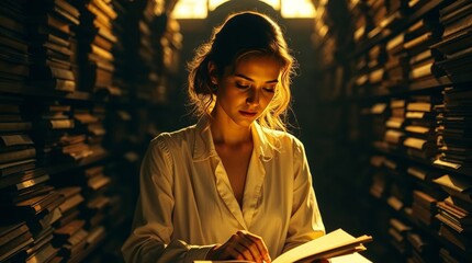 Generative AI.  archivist works alone in a dimly lit archive room, surrounded by stacks of ancient documents and deep shadows.