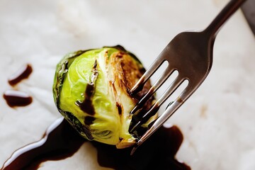 Fork piercing roasted Brussels sprout drizzled with balsamic glaze, closeup shot