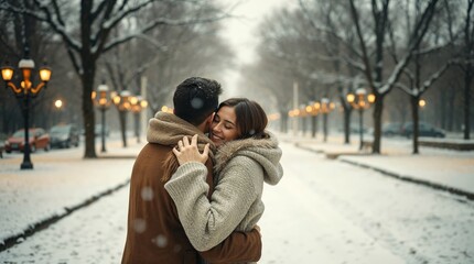   Generative AI.  A couple in love hugging under a snowfall romantic scene