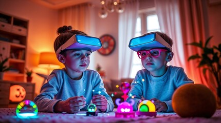 Generative AI.  Children with diverse skin tones playing with colorful holographic toys and wearing AR glasses in a futuristic home. Modern toys of the future for children