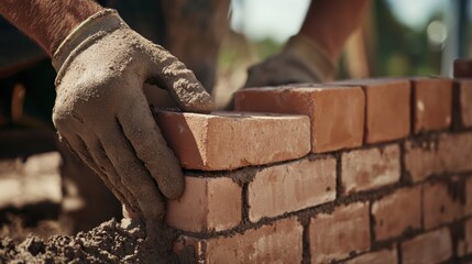 Construction worker laying bricks for a building wall. Featuring precision and technique