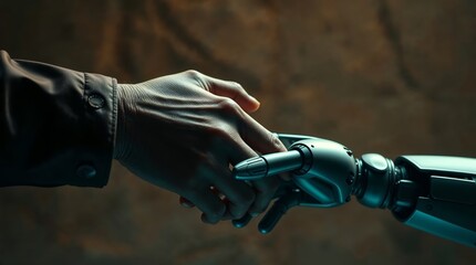Generative AI. A realistic human hand shakes a highly detailed robotic hand. 