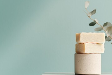 Natural handmade soap bars stacked on decorative container, minimalistic setting, soft colors, modern decor