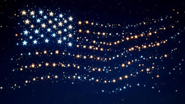 Floating red, white, and blue glowing stars shift gently to American Flag against dark starry background in slow shimmering patriotic motion

