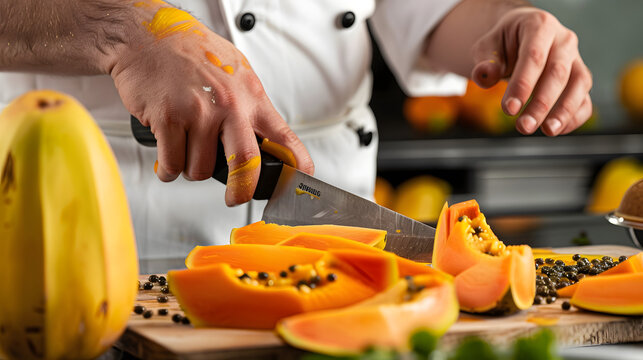Professional chef preparing and peeling ripe papaya on cutting board - Powered by Adobe