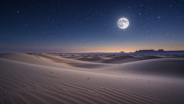 月明かりに照らされた星降る砂漠の夜