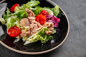 Tuna salad canned fish mixed green leaf lettuce seafood appetizer vegetable dish organic fresh tasty gourmet food background on the table rustic top view copy space vegetarian food pescetarian diet