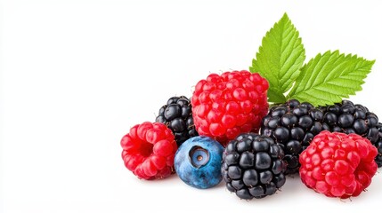 A vibrant collection of fresh raspberries blackberries and blueberries with green leaves is perfectly arranged on a pristine white background ideal for healthy food advertising.
