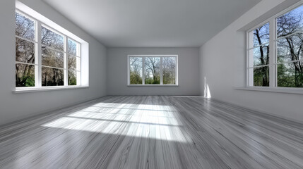 Fototapeta premium Bright and spacious room with large windows showcasing a peaceful outdoor view