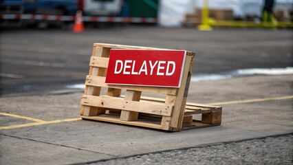 Tariff Wall Supply Chain Disruption concept, A wooden sign on a pallet reads "DELAYED," indicating a hold-up in a construction or logistics area.