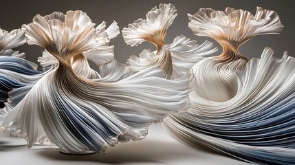 Abstract flowing forms with pleated elements evoking organic structures
