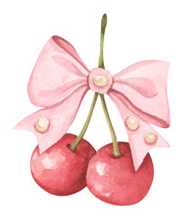 Coquette Cherry Bow. Watercolor illustration for Feminine Design and Aesthetic Decor