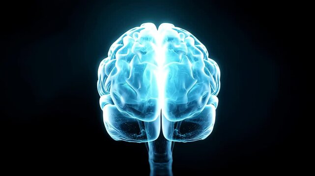 Futuristic glowing transparent brain on dark background, concept of artificial intelligence, neuroscience, and digital mind visualization

