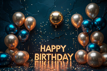 festive 'Happy Birthday' message in glowing letters surrounded by gold and blue balloons and confetti against a dark, celebratory background