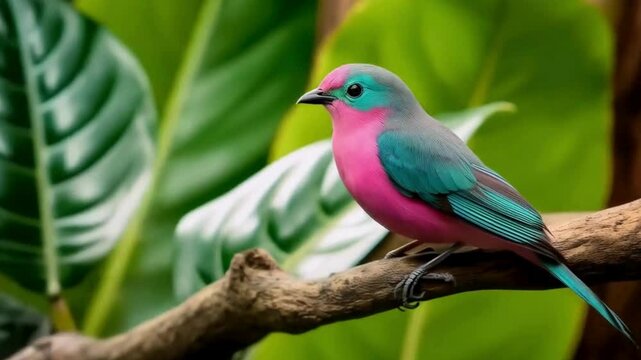 Vibrant Pink and Turquoise Rosy-throated Tanager Perched on Branch, 4K Video