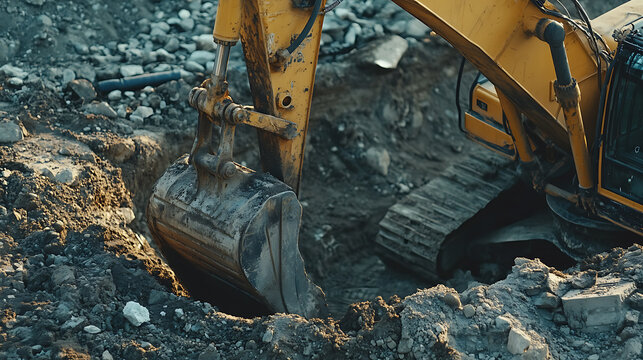 Excavator operator digging a trench for water pipes. Precision and excavation