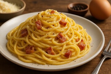 Delicious Spaghetti Carbonara Served on a White Plate With Garnishes at a Cozy Dining Table