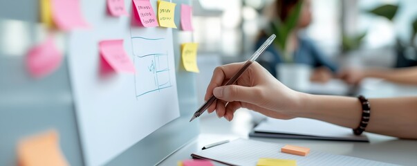 Creative Professional Planning with Sticky Notes on White Board During Business Strategy Session in Modern Office Environment, Copy Space Banner