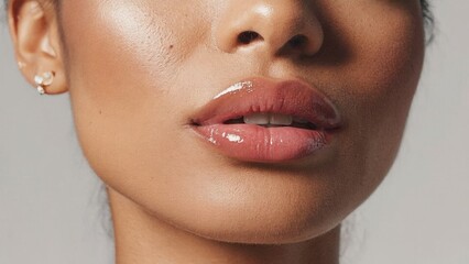 Obraz premium Close-up portrait of a woman with healthy skin, glossy red lipstick, and natural beauty.
