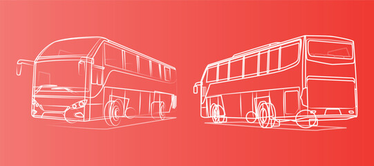 City bus front and back view line art in a red background