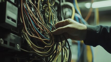 Electrician wiring a control panel in a factory. Featuring skill and technical knowledge