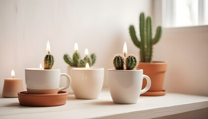 Fototapeta premium Two mugs mockup with candles and a cactus in a pot on white table.