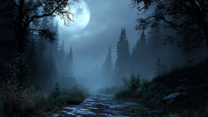 Fototapeta premium Mysterious forest with moonlit mist