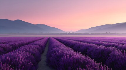 Obraz premium Serene Lavender Fields at Sunrise with Mountains and Soft Pink Sky in the Background Overlooking Nature
