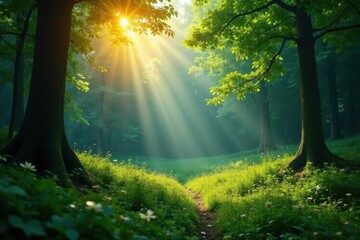 Fototapeta premium Rainbow over lush green forest, dappled sunlight, image, sunlight